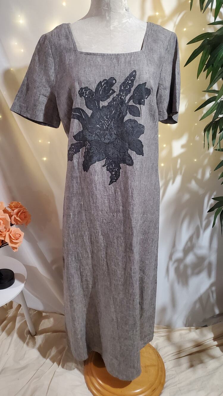 Vtg Carole Little 100% Linen Floral Square Neck Lace Up Tie Maxi Dress Size 12